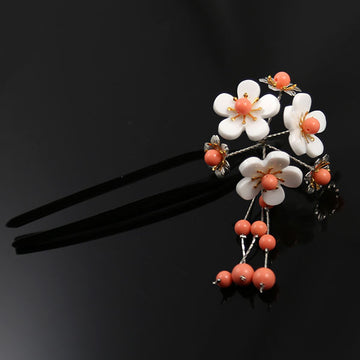 Acrylic 2-Prong Hair Stick Fork Hairpin with White Flower Cluster & Tassels